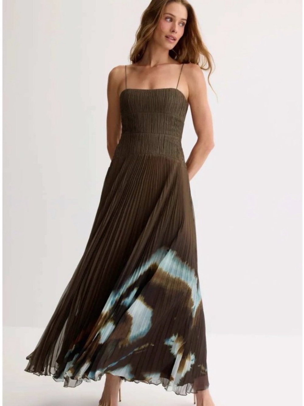 AMUR Olive Maxi Dress with Blue-Cream Hem Detail